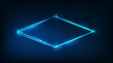 Neon çift eşkenar dörtlü çerçeve, parlak efektler ve koyu arkaplanda parıltılar. Boş parlayan tekno fon. Vektör illüstrasyonu