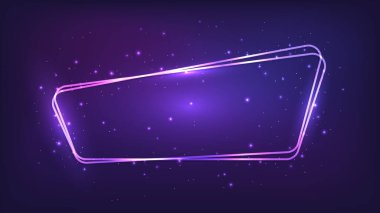 Neon yuvarlak çerçeve, parlak efektler ve koyu arkaplanda parıltılar. Boş parlayan tekno fon. Vektör illüstrasyonu