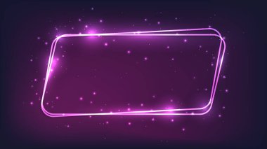 Neon yuvarlak paralelkenarlı çerçeve, parlak efektler ve koyu arkaplanda parıltılar. Boş parlayan tekno fon. Vektör illüstrasyonu