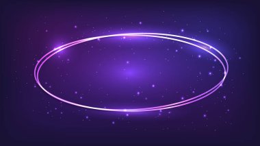Parlak efektleri ve koyu arkaplanda parıltıları olan neon oval çerçeve. Boş parlayan tekno fon. Vektör illüstrasyonu