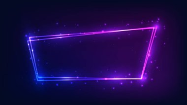 Parlak efektleri ve koyu arkaplanda parıltıları olan neon çift çerçeve. Boş parlayan tekno fon. Vektör illüstrasyonu