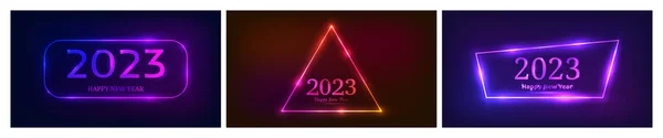 2023 Mutlu Yıllar Neon Geçmişi Farklı Geometrik Çerçevelere Sahip Neon — Stok Vektör