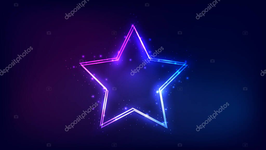 Neon double star frame with shining effects and sparkles on dark background. Empty glowing techno backdrop. Vector illustration