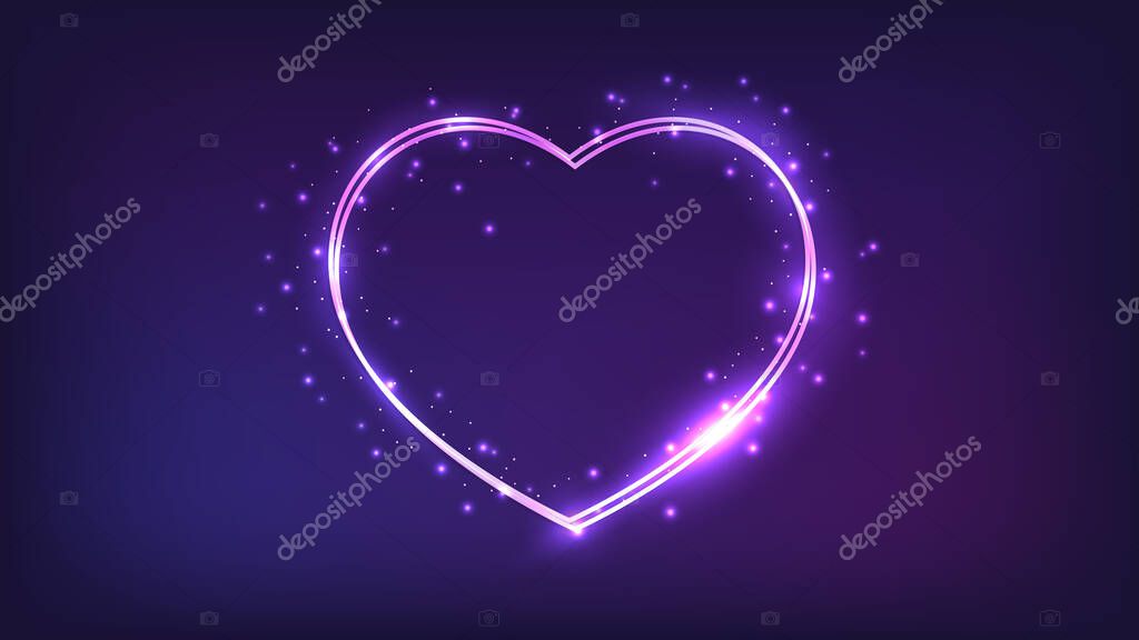 Neon double frame with shining effects and sparkles on dark background. Empty glowing techno backdrop. Vector illustration