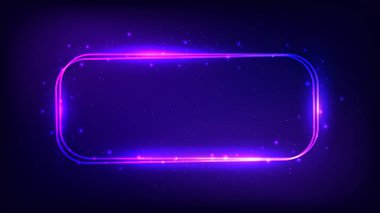 Neon çift yuvarlak dikdörtgen çerçeve, parlak efektler ve koyu arkaplanda parıltılar. Boş parlayan tekno fon. Vektör illüstrasyonu