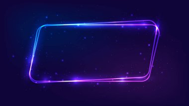 Neon yuvarlak paralelkenarlı çerçeve, parlak efektler ve koyu arkaplanda parıltılar. Boş parlayan tekno fon. Vektör illüstrasyonu