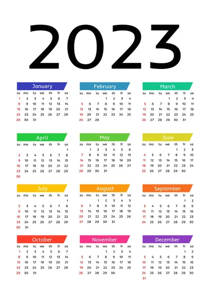 Calendario Para 2023 Aislado Sobre Fondo Blanco Domingo Lunes Plantilla — Vector de stock