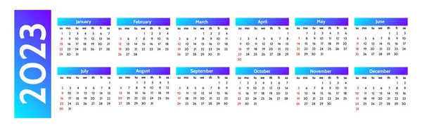 Horizontal Calendar 2023 Isolated White Background Sunday Monday Business Template — Vector de stock