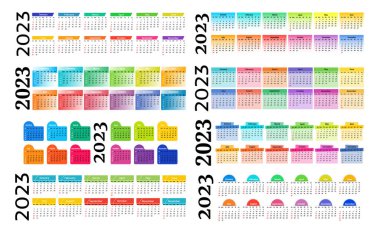 2023 için sekiz yatay takvim seti beyaz arka planda izole edildi. Pazardan pazartesiye, iş planı. Vektör illüstrasyonu
