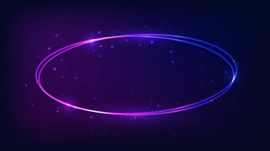 Parlak efektleri ve koyu arkaplanda parıltıları olan neon oval çerçeve. Boş parlayan tekno fon. Vektör illüstrasyonu