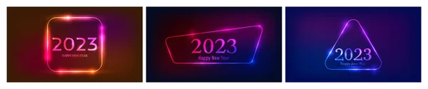 2023新年快乐的背景 一套三套具有不同几何框架的霓虹灯背景 具有闪亮效果 并刻有 新年快乐 圣诞贺卡 传单或海报的深色背景 矢量说明 — 图库矢量图片