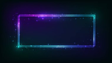 Neon çift dikdörtgen çerçeve, parlak efektler ve koyu arkaplanda parıltılar. Boş parlayan tekno fon. Vektör illüstrasyonu