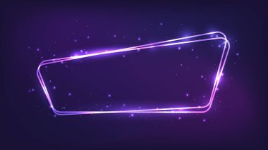 Neon yuvarlak çerçeve, parlak efektler ve koyu arkaplanda parıltılar. Boş parlayan tekno fon. Vektör illüstrasyonu
