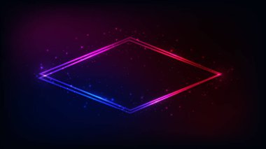 Neon çift eşkenar dörtlü çerçeve, parlak efektler ve koyu arkaplanda parıltılar. Boş parlayan tekno fon. Vektör illüstrasyonu