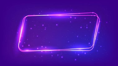 Neon yuvarlak paralelkenarlı çerçeve, parlak efektler ve koyu arkaplanda parıltılar. Boş parlayan tekno fon. Vektör illüstrasyonu