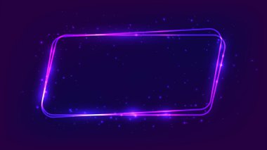 Neon yuvarlak paralelkenarlı çerçeve, parlak efektler ve koyu arkaplanda parıltılar. Boş parlayan tekno fon. Vektör illüstrasyonu
