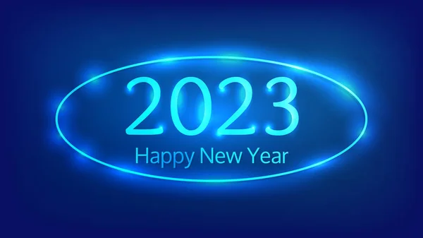 2023新年快乐的背景 霓虹灯椭圆形相框 圣诞贺卡 传单或海报都有闪亮效果 矢量说明 — 图库矢量图片