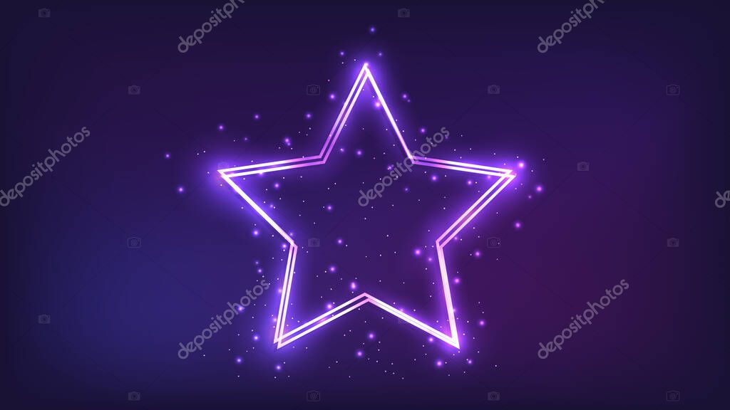 Neon double star frame with shining effects and sparkles on dark background. Empty glowing techno backdrop. Vector illustration