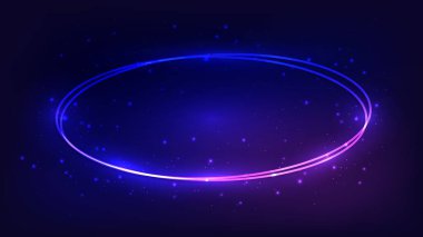 Parlak efektleri ve koyu arkaplanda parıltıları olan neon oval çerçeve. Boş parlayan tekno fon. Vektör illüstrasyonu