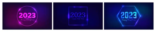 2023 Happy New Year Neon Background Set Dari Tiga Latar - Stok Vektor