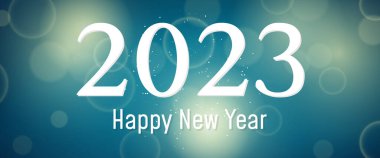 Bulanık arka planda 2023 yılınız kutlu olsun. Arkaplanda beyaz numaralar, konfeti, bokeh ve lens fişeği var. Vektör illüstrasyonu