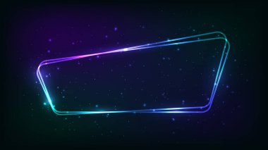 Neon yuvarlak çerçeve, parlak efektler ve koyu arkaplanda parıltılar. Boş parlayan tekno fon. Vektör illüstrasyonu
