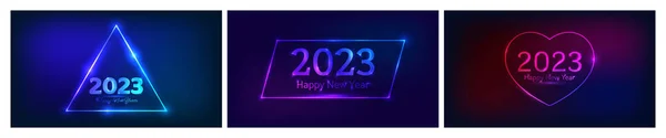 2023 Feliz Año Nuevo Fondo Neón Conjunto Tres Fondos Neón — Archivo Imágenes Vectoriales