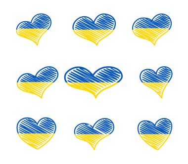 Big set of hearts in Ukrainian colors. Yellow and blue scribble heart on white background. Vector illustration