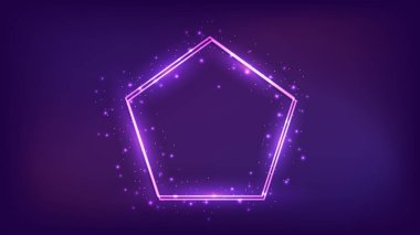 Pentagon formunda neon çift çerçeve, parlak efektler ve koyu arkaplanda parıltılar. Boş parlayan tekno fon. Vektör illüstrasyonu