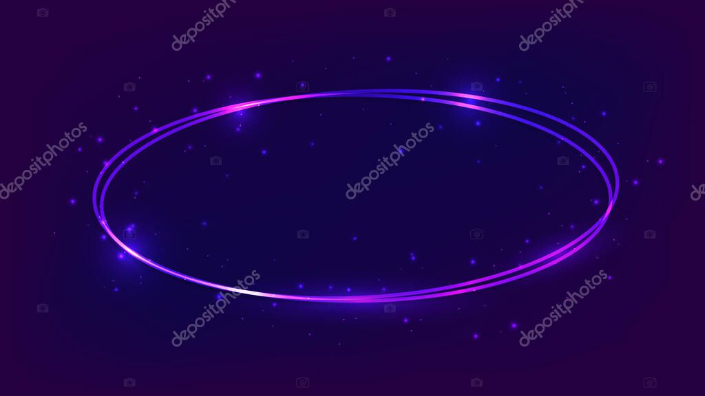 Neon oval frame with shining effects and sparkles on dark background. Empty glowing techno backdrop. Vector illustration