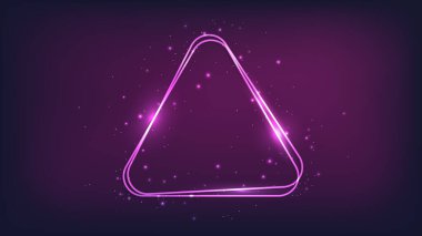 Neon yuvarlak üçgen çerçeve, parlak efektler ve koyu arkaplanda parıltılar. Boş parlayan tekno fon. Vektör illüstrasyonu