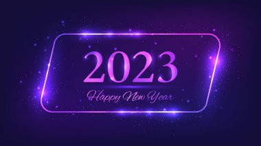2023 Happy New Year neon background. Neon rounded parallelogram frame with shining effects and sparkles for Christmas holiday greeting card, flyers or posters. Vector illustration