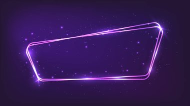 Neon yuvarlak çerçeve, parlak efektler ve koyu arkaplanda parıltılar. Boş parlayan tekno fon. Vektör illüstrasyonu