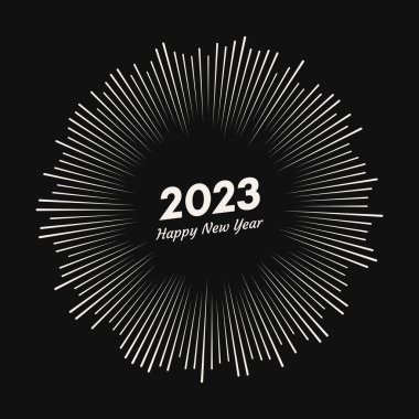 2023 yazısıyla havai fişek ve mutlu yıllar. Siyah arka planda izole edilmiş çizgi ışınlı Noel kartı patlaması. Vektör illüstrasyonu