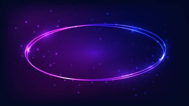Parlak efektleri ve koyu arkaplanda parıltıları olan neon oval çerçeve. Boş parlayan tekno fon. Vektör illüstrasyonu