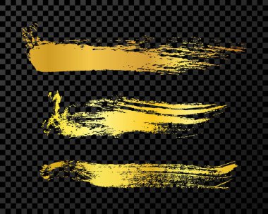 Set of three gold brush strokes. Hand drawn ink spots isolated on dark background. Vector illustration