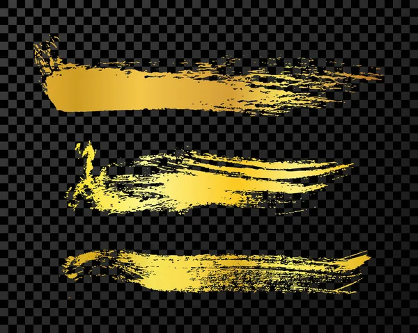 Set Three Gold Brush Strokes Hand Drawn Ink Spots Isolated — Image vectorielle