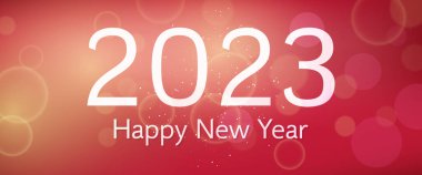 Bulanık arka planda 2023 yılınız kutlu olsun. Arkaplanda beyaz numaralar, konfeti, bokeh ve lens fişeği var. Vektör illüstrasyonu