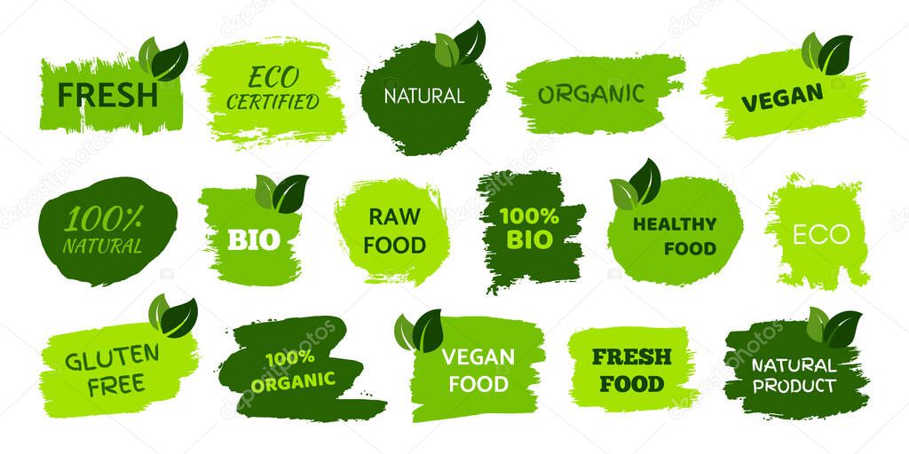 Green natural bio labels. Big set of green organic, bio, eco, vegan labels on hand drawn stains. Vector illustration