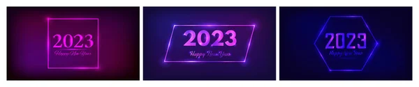 2023 Feliz Año Nuevo Fondo Neón Conjunto Tres Fondos Neón — Archivo Imágenes Vectoriales
