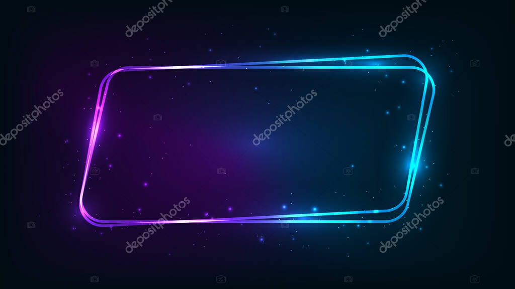 Neon rounded parallelogram frame with shining effects and sparkles on dark background. Empty glowing techno backdrop. Vector illustration