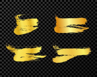 Set of four gold brush strokes. Hand drawn ink spots isolated on dark background. Vector illustration