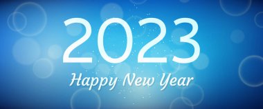 Bulanık arka planda 2023 yılınız kutlu olsun. Arkaplanda beyaz numaralar, konfeti, bokeh ve lens fişeği var. Vektör illüstrasyonu