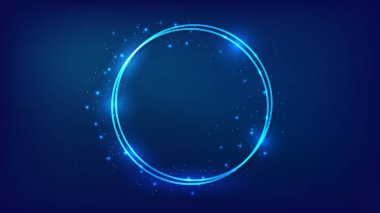 Neon çift yuvarlak çerçeve, parlak efektler ve koyu arkaplanda parıltılar. Boş parlayan tekno fon. Vektör illüstrasyonu