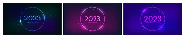 2023 Happy New Year Neon Background Set Three Neon Backdrops — Archivo Imágenes Vectoriales
