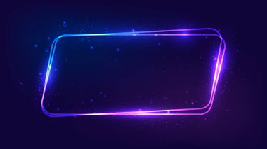 Neon yuvarlak paralelkenarlı çerçeve, parlak efektler ve koyu arkaplanda parıltılar. Boş parlayan tekno fon. Vektör illüstrasyonu