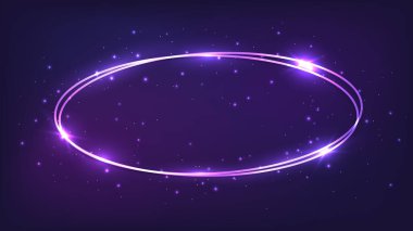 Parlak efektleri ve koyu arkaplanda parıltıları olan neon oval çerçeve. Boş parlayan tekno fon. Vektör illüstrasyonu