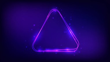 Neon yuvarlak üçgen çerçeve, parlak efektler ve koyu arkaplanda parıltılar. Boş parlayan tekno fon. Vektör illüstrasyonu