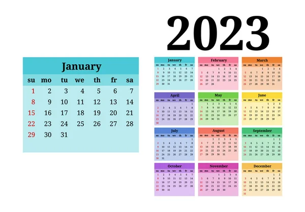 Calendario Para 2023 Aislado Sobre Fondo Blanco Domingo Lunes Plantilla — Vector de stock