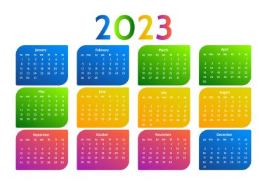 2023 takvimi beyaz arka planda izole edildi. Pazardan pazartesiye, iş planı. Vektör illüstrasyonu